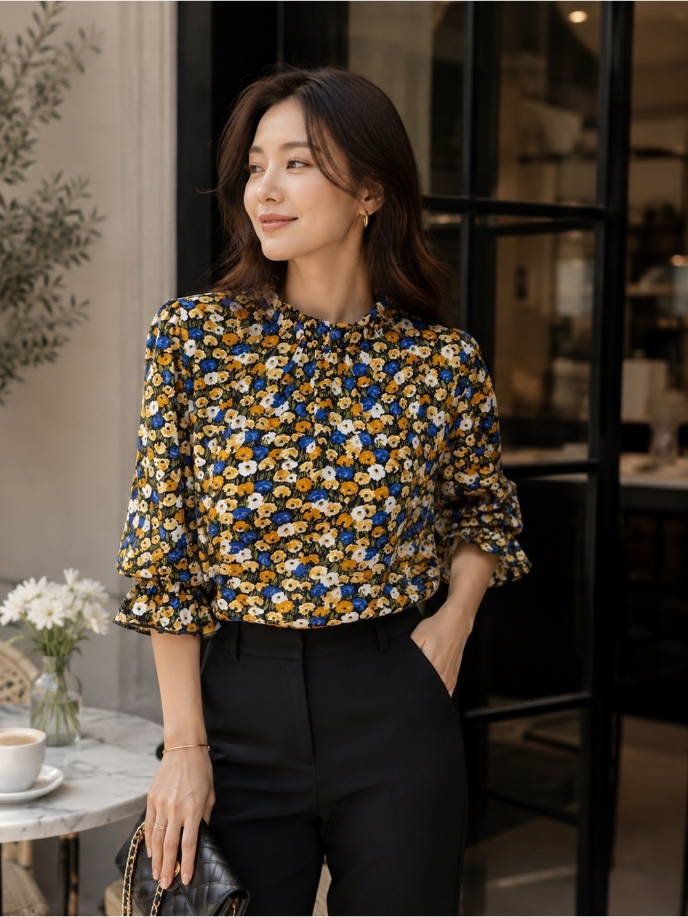 ❤️ Floral Ruffle-Neck Women's Blouse in Yellow & Blue size M